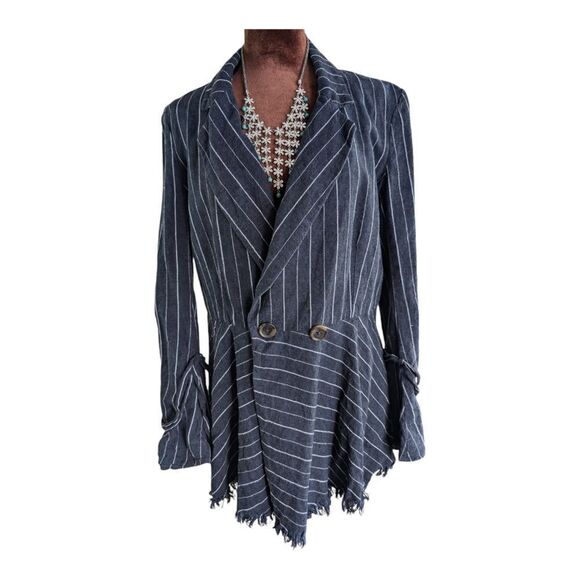 Free people Indigo navy Stella longline striped  double breasted  blazer SMALL - Picture 12 of 12